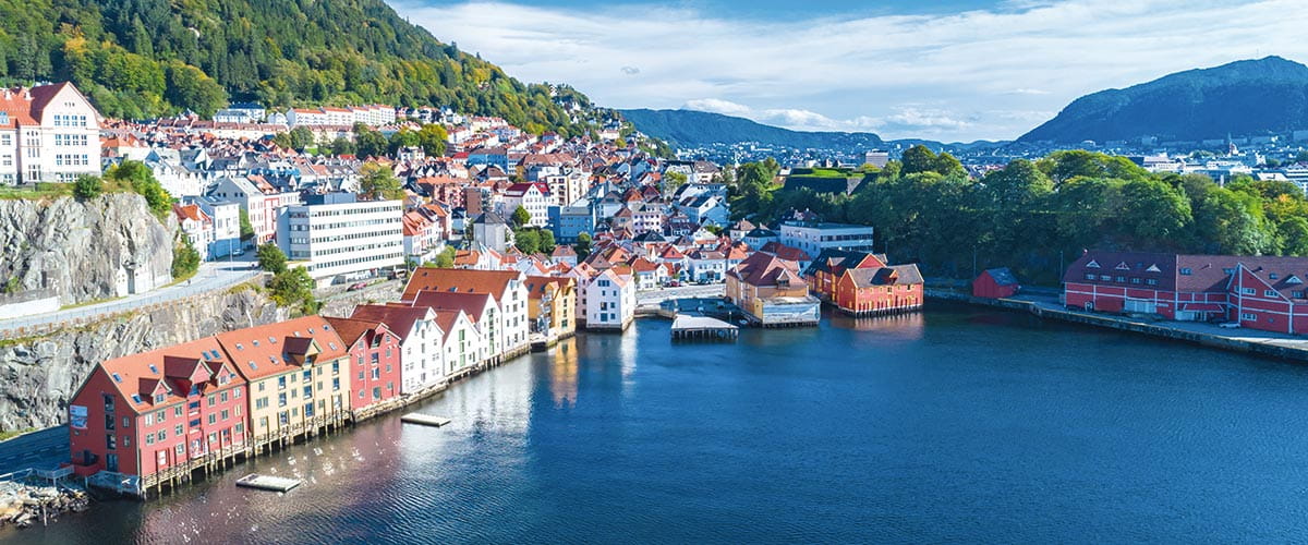 An aerial view of Bergen, Norway